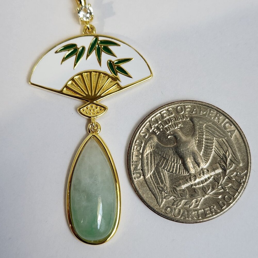 Pillowbook NIB 18k Yellow Gold Naural Jadeite & Zircon Pendant w/ 18" 925 Chain - Picture 6 of 8